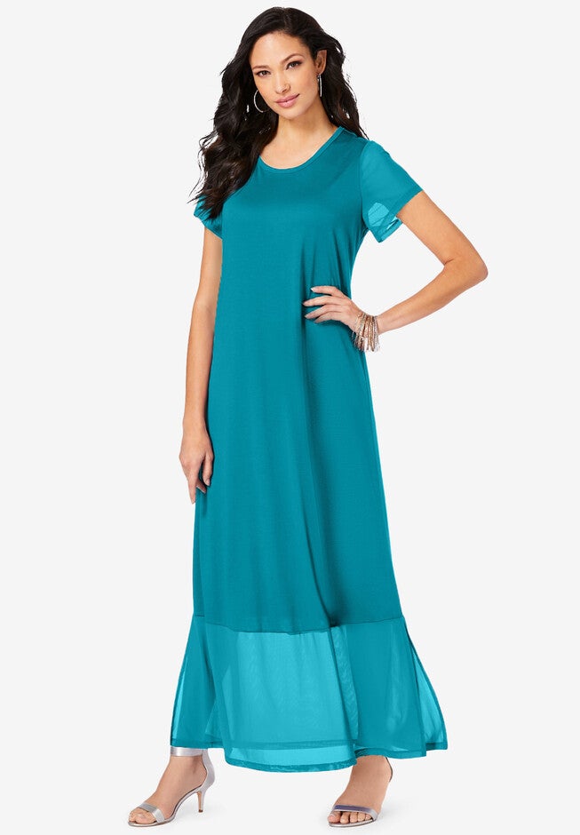Mesh Detail Crewneck Dress, DEEP TURQUOISE, hi-res image number null