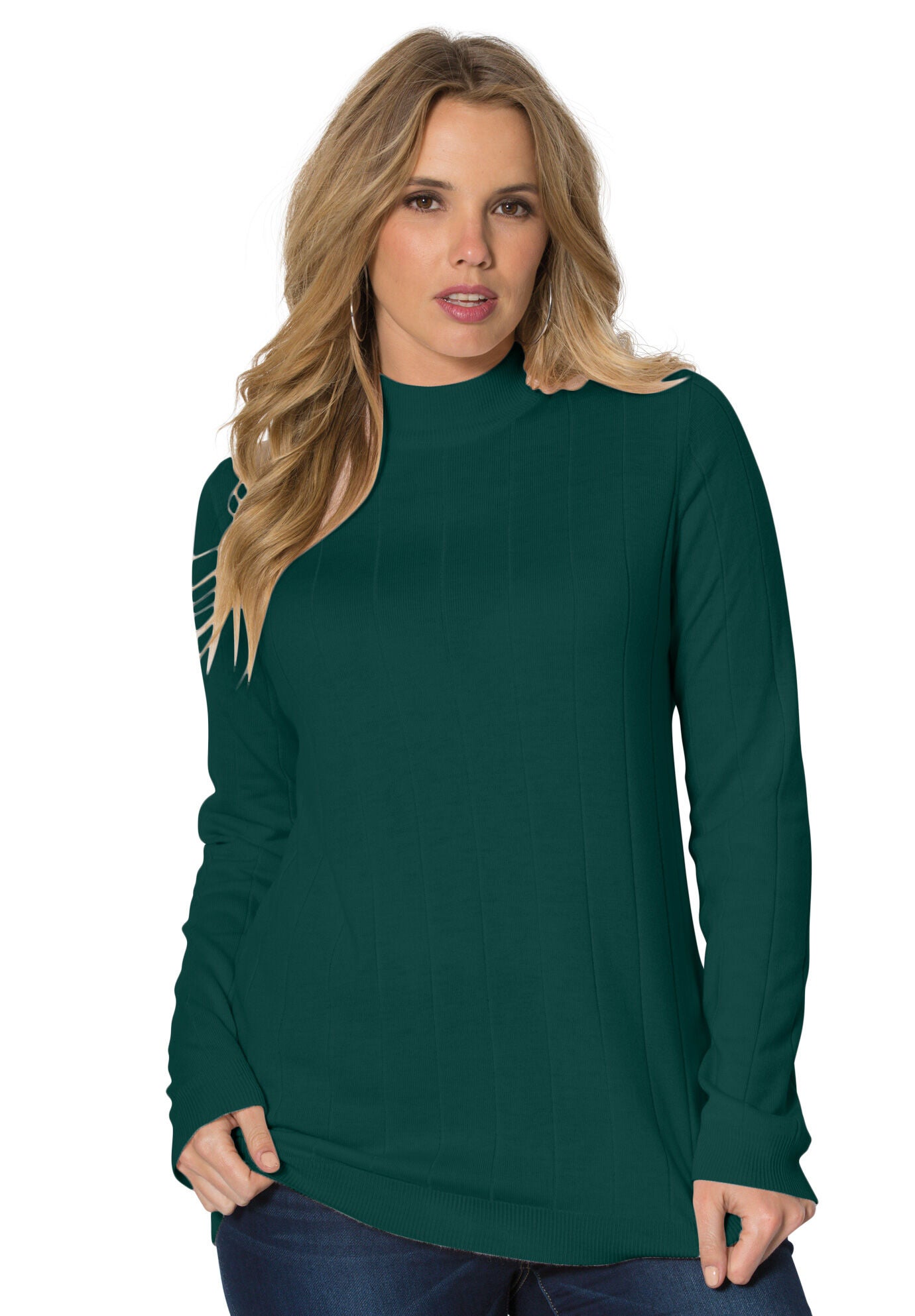 Plus Size Drop Needle Mockneck Lightweight Sweater Knit, EMERALD GREEN, hi-res image number 0