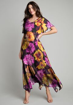 Plus Size Floral Sequin Flutter-Sleeve Gown – Handkerchief-Hem Maxi Dress