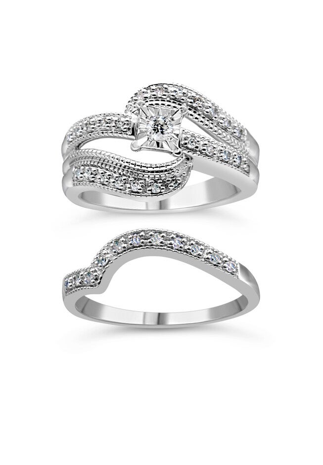 Silver 1/3 Cttw Round Diamond Crisscross Engagement Ring Bridal Set, , on-hover image number 1
