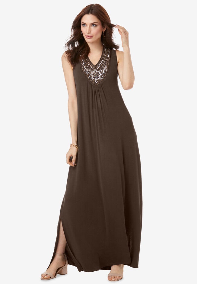 Embellished Neckline Maxi Dress, CHOCOLATE MEDALLION NECKLACE, hi-res image number null