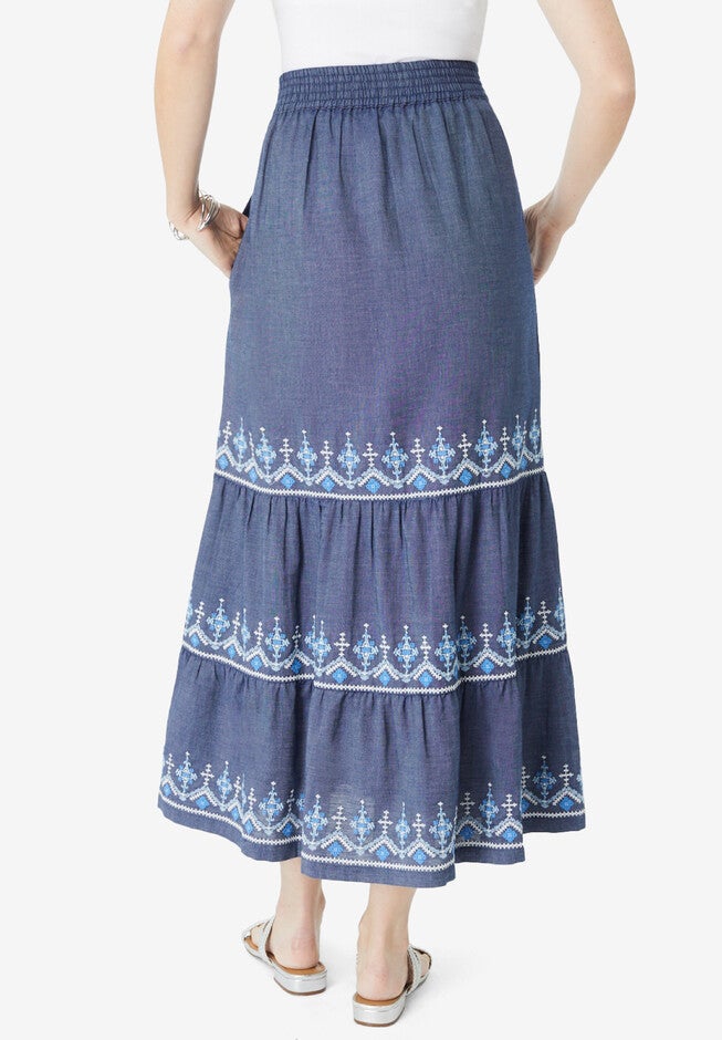 Embroidered Tiered Chambray Skirt, , on-hover image number 1