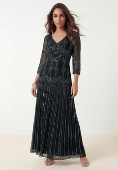 Plus Size Beaded V-Neck 3/4 Sleeve Sleeve Maxi Gown