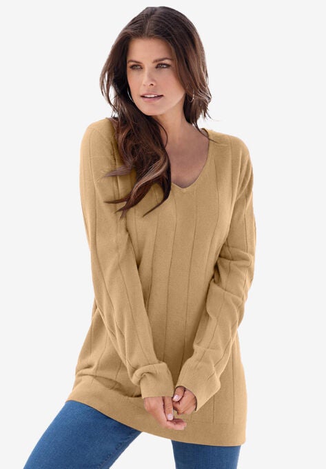 Fine Gauge Drop Needle V-Neck Sweater, SOFT CAMEL, hi-res image number null