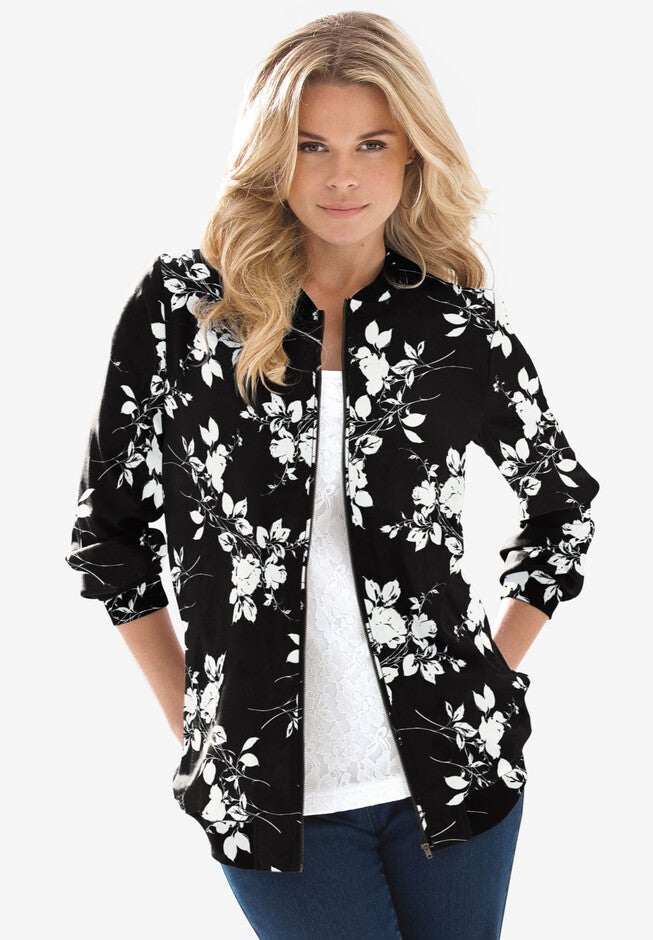 Printed Bomber Jacket, BLACK IVORY FLORAL, hi-res image number 0
