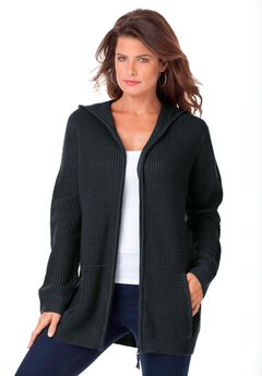 Plus Size Waffle Knit Zip-Front Relaxed Hoodie