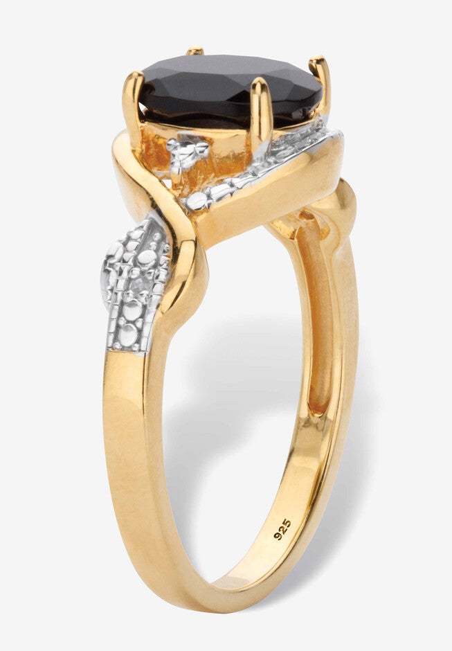 Oval-Cut Genuine Onyx And Diamond Accent Gold-Plated Silver Crossover Ring, , on-hover image number 1