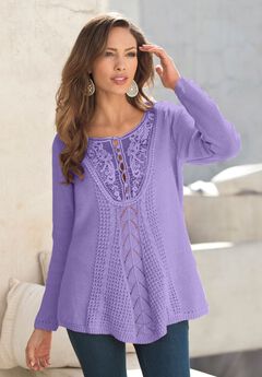 Plus Size Lace Yoke Pullover Sweater