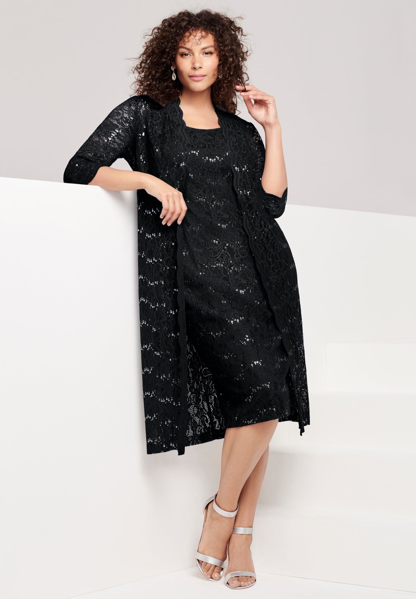 Extended Plus Size 3/4 Sleeve Formal Duster Sequin &ndash; Embellished Lace Dress Set, BLACK, hi-res image number 0