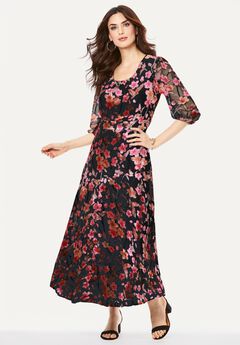 Plus-Size Velvet 3/4 Sleeve Burnout Overlay Dress with Sheer Sleeves
