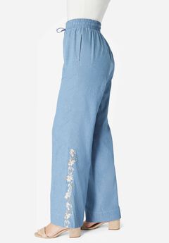 Embroidered Pull-On Wide-Leg Chambray Pant