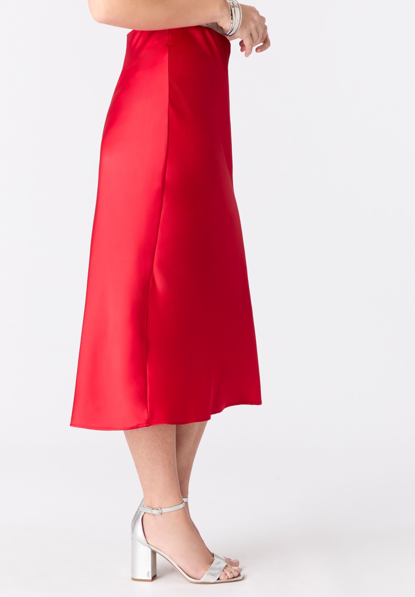 Plus Size Stretch Satin Midi Skirt, VIVID RED, alternate image number 2