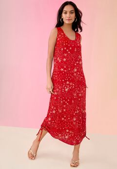 Plus Size Stretch Knit Sleeveless Midi Dress with Ruched Hem Detail