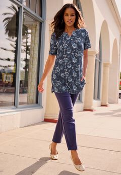 Plus Size Soft Knit Print Tunic with Notch Neckline