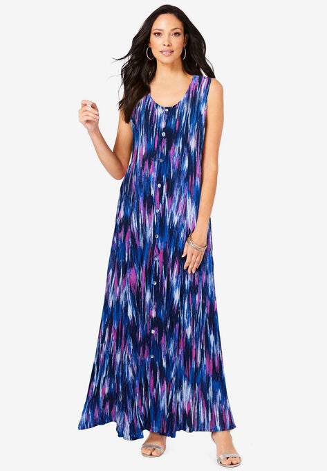 Button-Front Crinkle Dress with Princess Seams, COOL ABSTRACT IKAT, hi-res image number null