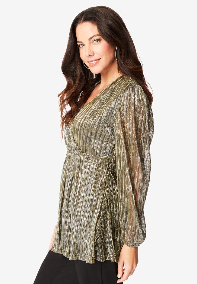 Metallic Plisse Wrap Blouse, , alternate image number null