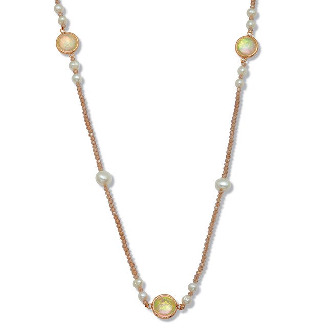 Simulated Opal and Simulated Pearl Goldtone Beaded Necklace 38-inch, WHITE, hi-res image number null