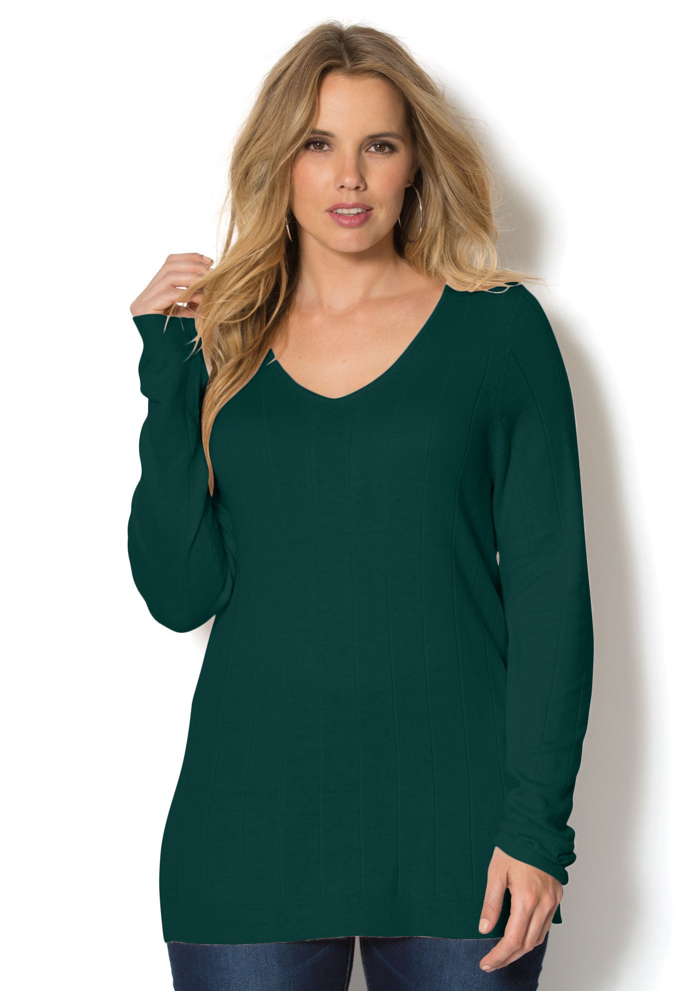 Plus Size Drop Needle V-Neck Lightweight Sweater Knit, EMERALD GREEN, hi-res image number 0