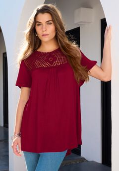Plus Size Lace Yoke Pleated Tunic