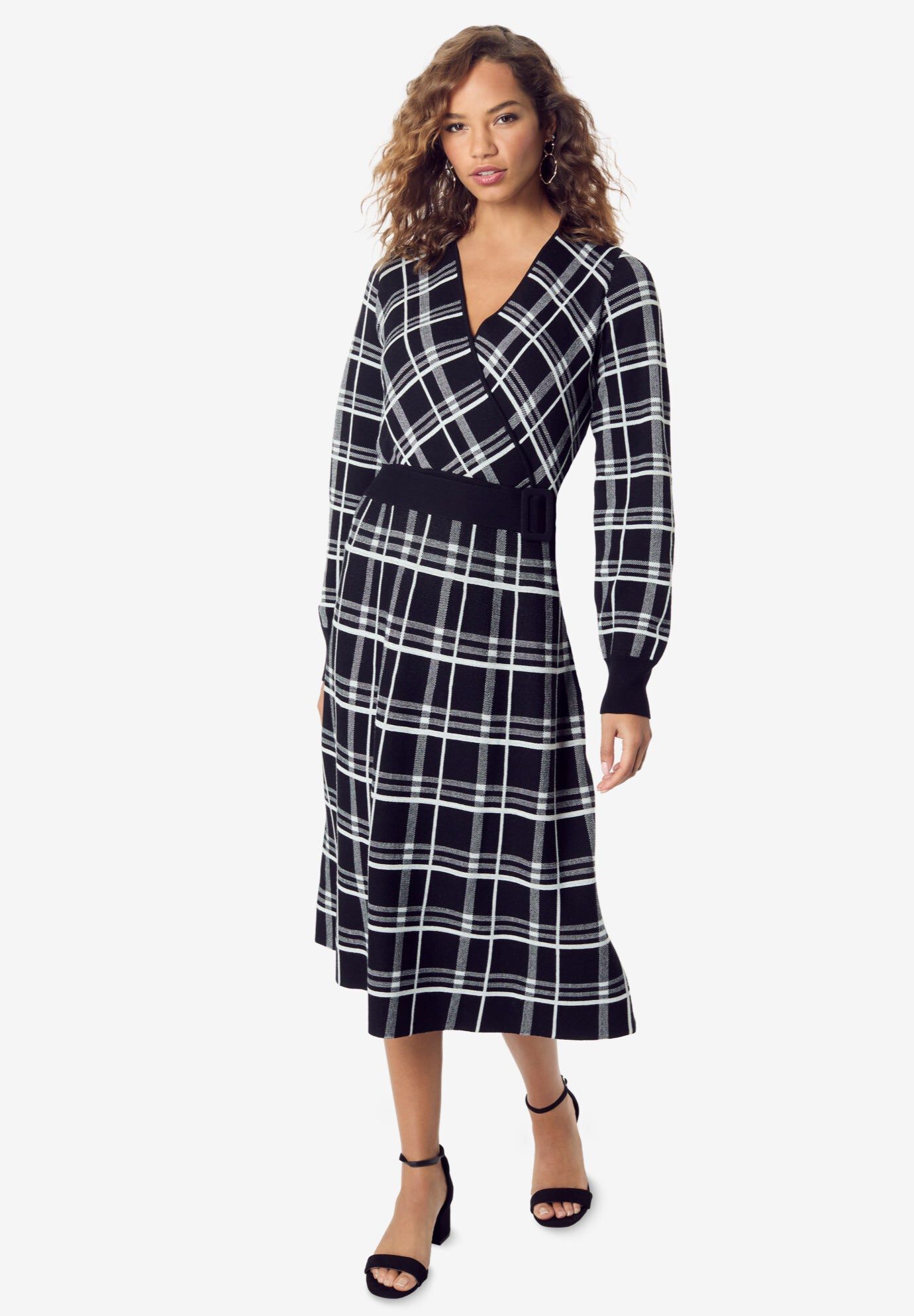 Tartan Fit-And-Flare Sweater Dress, BLACK WHITE, hi-res image number 0