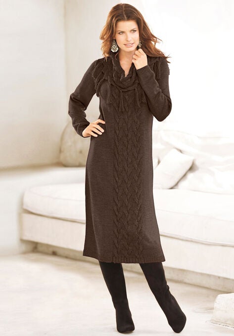 Fringed Cowl-Neck Sweater Dress, , alternate image number null