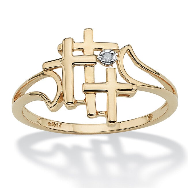 Diamond Accent Solid 10k Yellow Gold Triple Cross Ring, WHITE, hi-res image number 0