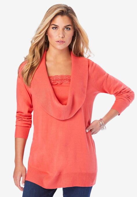 Lace-Trim Cowl Neck Sweater, SUNSET CORAL, hi-res image number null