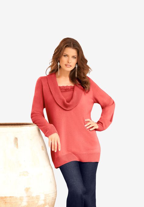 Lace-Trim Cowl Neck Sweater, SUNSET CORAL, hi-res image number null