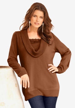 Lace Trim Cowl Neck Sweater