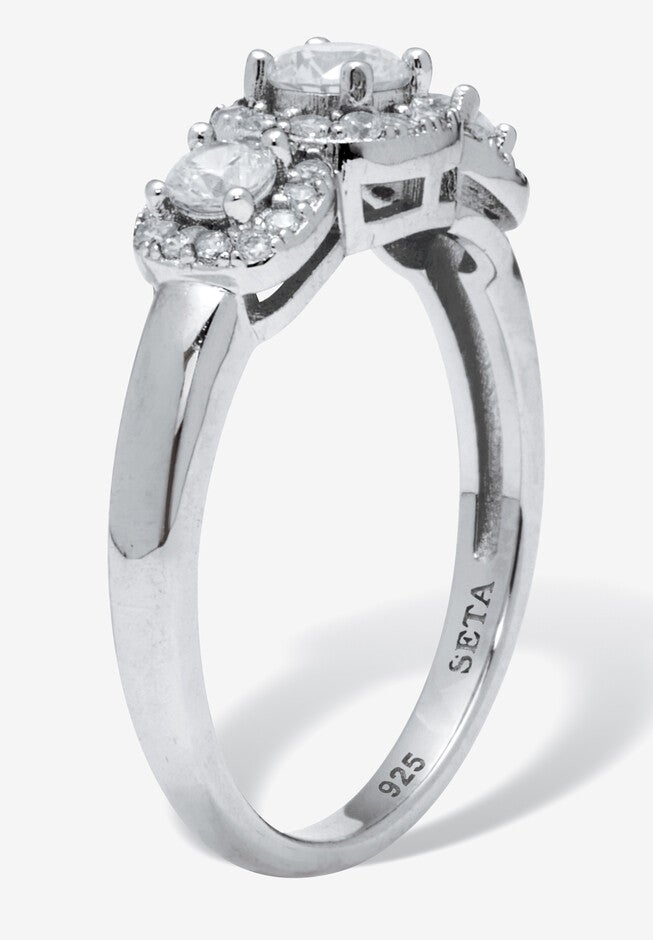 0.69 Tcw Round Cubic Zirconia Sterling Silver 3-Stone Halo Ring, , on-hover image number 1