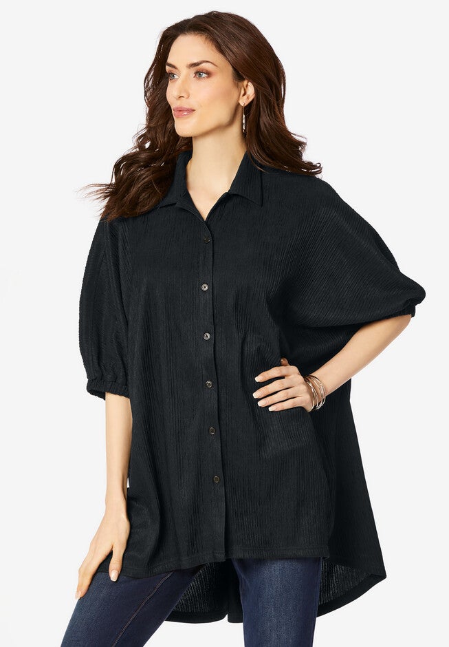 Button-Down Textured Knit Tunic., BLACK, hi-res image number null