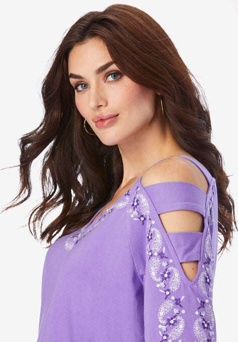 Embroidered Cold-Shoulder Top, , alternate image number null