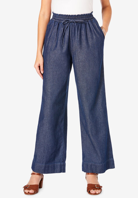 Pull-On Wide-Leg Chambray Pant, MEDIUM WASH, hi-res image number null