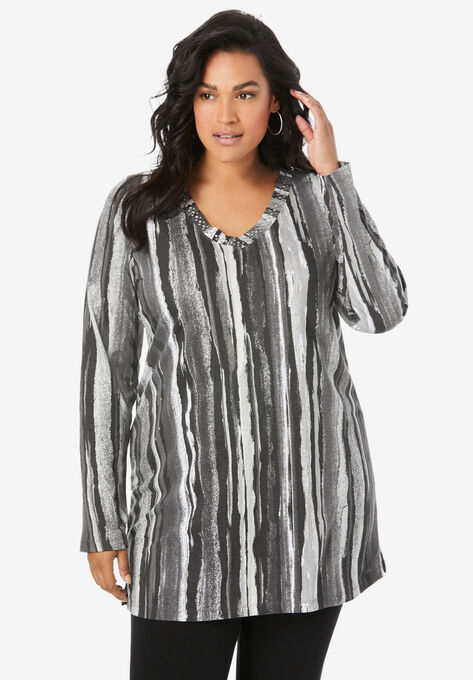 Studded Tie-Dye Long Sleeve Tunic, BLACK WATERCOLOR STRIPE, hi-res image number null