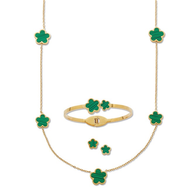 Genuine Green Malachite Gold Ion-Plated Stainless Steel Clover Jewelry Set, GREEN, hi-res image number 0