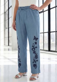 Plus Size Embroidered Pull-On Wide-Leg Chambray Pant