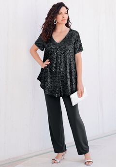 Extended Plus Size 2 Piece S/S Sequin Top and Pant Set