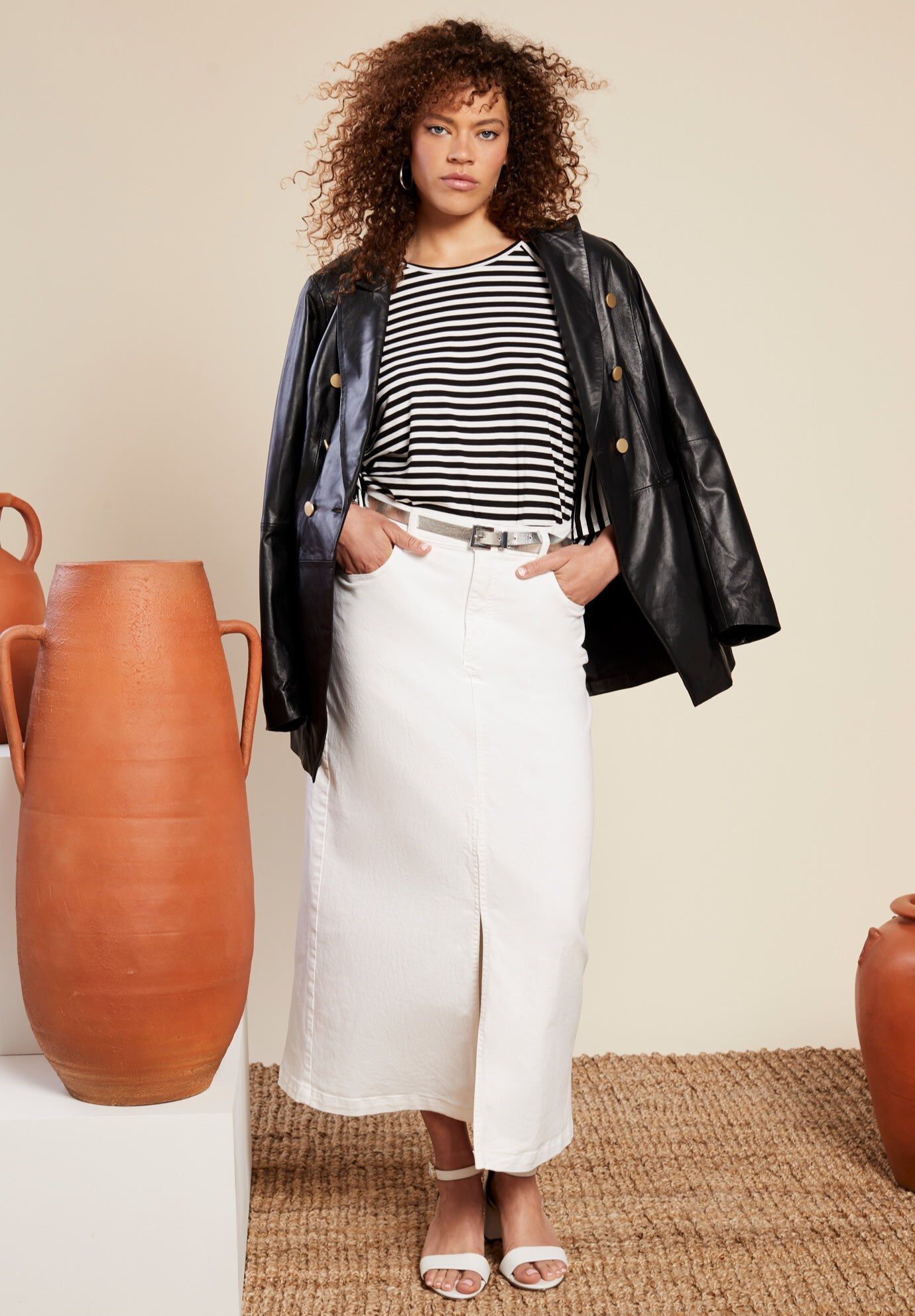 Slit Front Midi Denim Skirt with Pockets main image 1