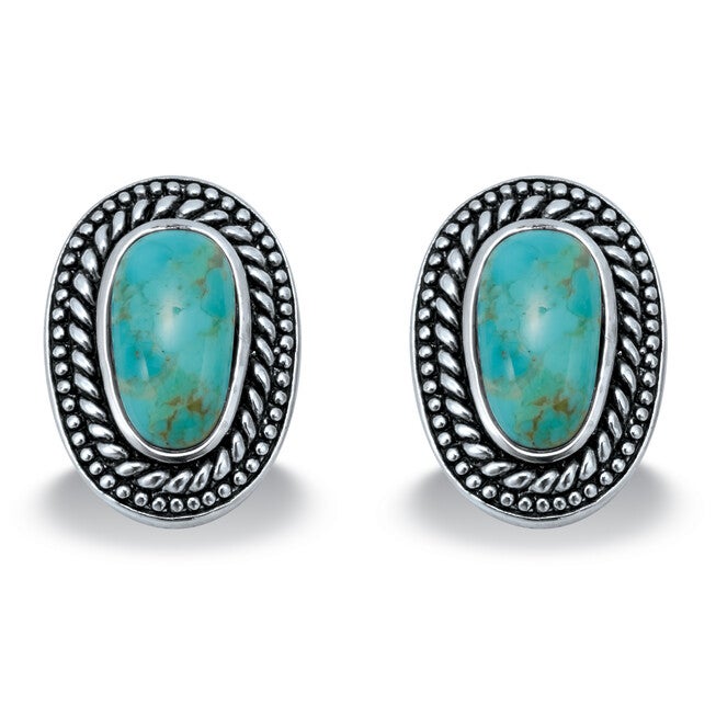 Genuine Blue Turquoise Sterling Silver Cabochon Bohemian Earrings, BLUE, hi-res image number 0