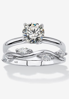1.48 Cttw. Cubic Zirconia Sterling Silver 2-Pc. Solitaire Vine Bridal Ring Set