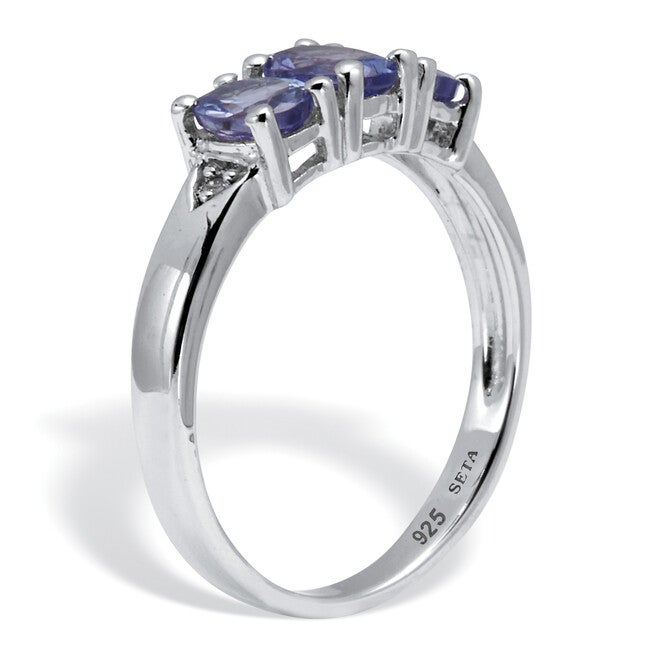.89 TCW Genuine Purple Tanzanite and Diamond Accent Sterling Silver 3-Stone Ring, PURPLE, on-hover image number 1