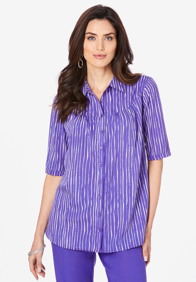 Shirred Button-Front Top, GRAPE PAINTERLY STRIPE, hi-res image number null