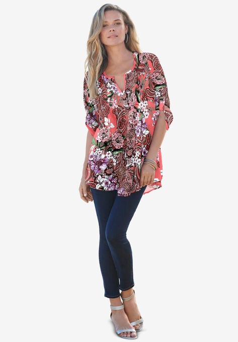 Tara Pleated Big Shirt, SUNSET CORAL PAISLEY GARDEN, hi-res image number null