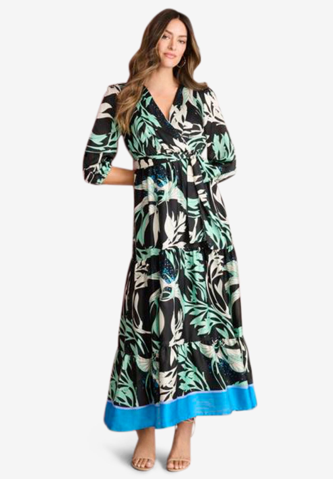 Blouson Sleeve Faux Wrap Maxi Dress, , alternate image number 3