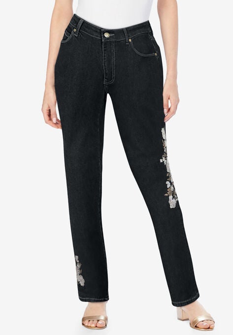 Embroidered Straight-Leg Jean, BLACK EMBROIDERED BOUQUET, hi-res image number null