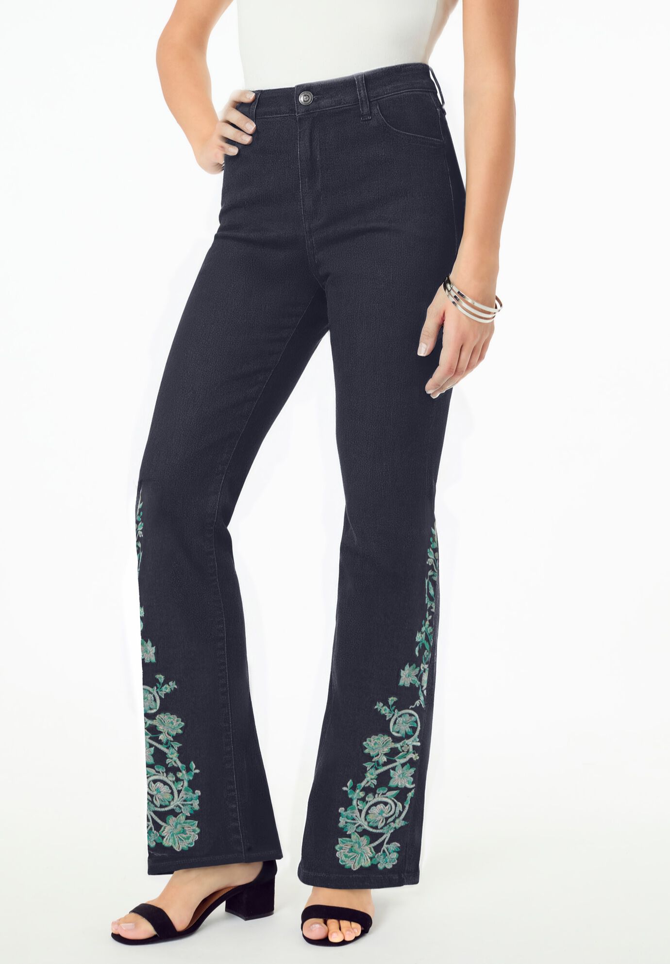 Plus Size Invisible Stretch&reg; Embroidered Split Flare-Leg Jean, INDIGO VINE, hi-res image number 0