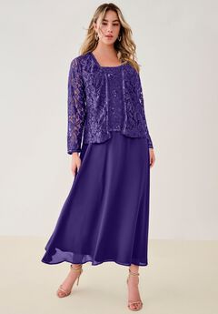 Plus-Size 2 Piece Long Sleeve Embellished Lace Jacket and Full Gown