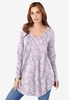 Plus Size Knit Thermal V Neck Swing Tunic – Long Sleeve