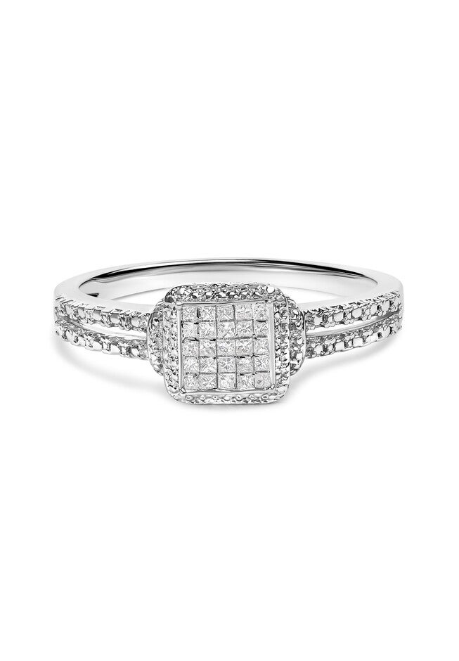 Silver 1/4 Cttw Princess-Cut Diamond Composite Ring With Beaded Halo, SILVER, hi-res image number 0