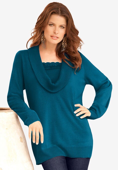 Lace-Trim Cowl Neck Sweater, DEEP TEAL, hi-res image number null